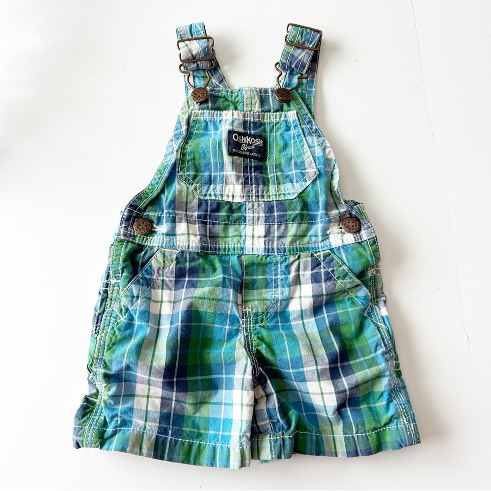 Baby OshKosh B'gosh Blue and Green Plaid Cotton Overall Shorts 6 Months